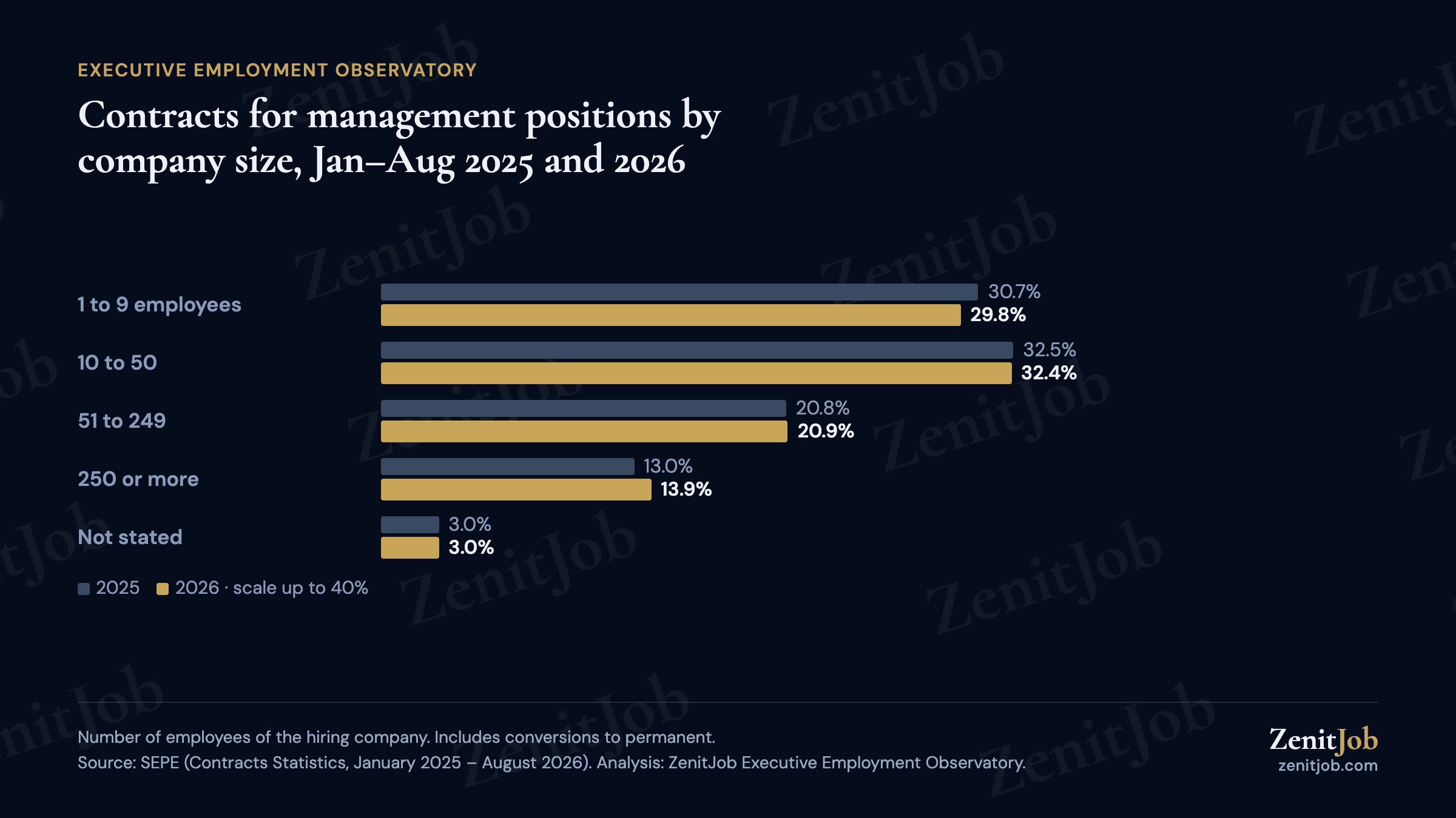 Distribution by employer size in January-August 2026: microbusinesses 29.8%, small businesses 32.4%, medium-sized businesses 20.9% and large businesses 13.9%