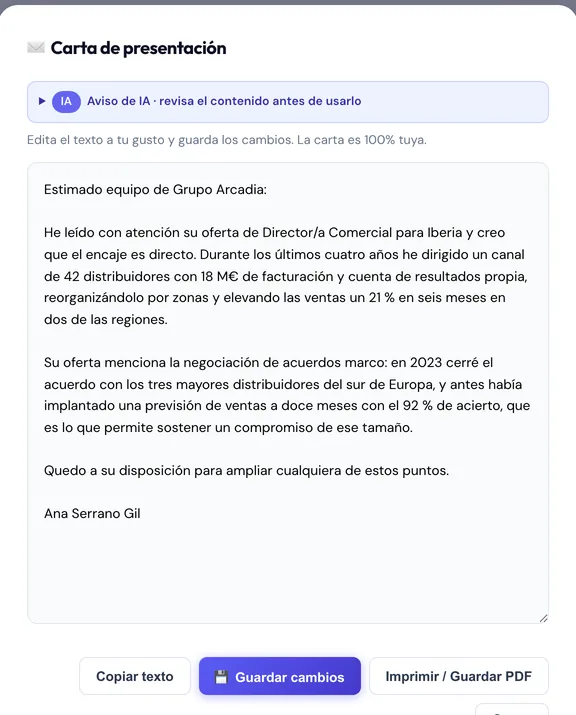 The cover letter, editable, with the buttons to copy the text, save the changes and print or save as PDF.