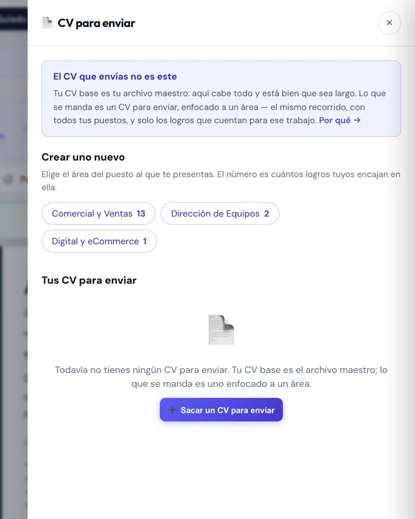 The “CV to send” panel: the notice that the base CV is the master, the areas with the number of matching achievements and the button to produce a CV to send.