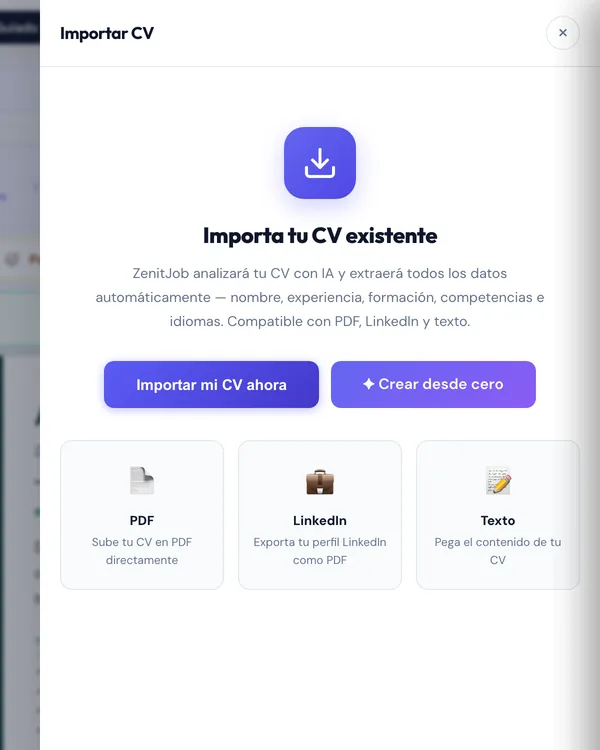 The “Import your existing CV” panel with the import or start-from-scratch buttons and the three routes: PDF, LinkedIn and text.