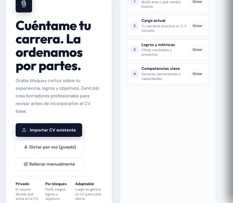 The CV screen just opened: “Tell me about your career. We’ll sort it into parts”, the three entry buttons and the four-step recommended route.