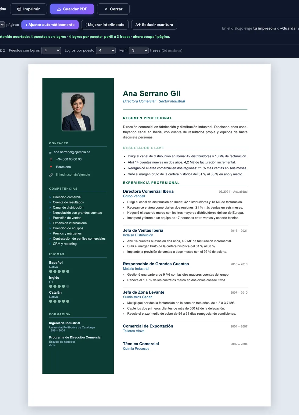 The same CV fitted to one page, with the message saying what was trimmed: four roles with achievements, four achievements per role, a three-sentence profile.
