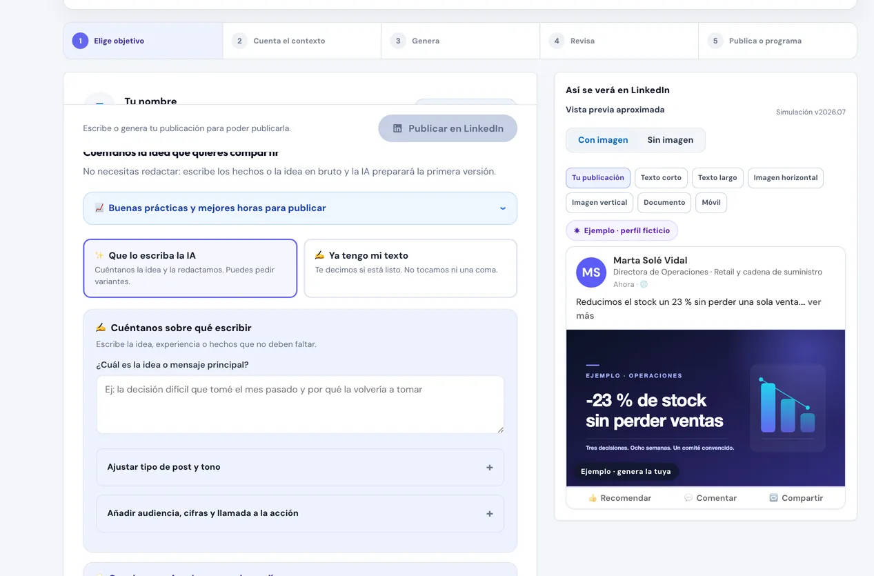 The editor with the five steps, the two writing routes — let the AI write it or I have my text — and the post preview with its image.