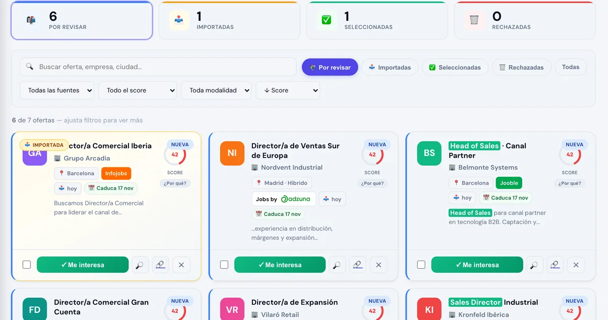 The job list: the counters to review, imported, selected and rejected, and the cards with company, source, fit score and the “I’m interested” button.