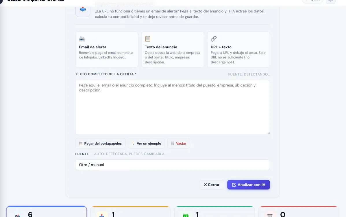 The paste-ad panel with the three routes — alert email, ad text, and URL plus text — and the full text box with the analyse-with-AI button.